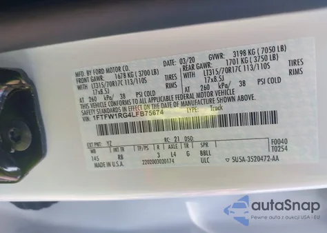 2020 Ford F-150 Raptor из США, поврежденный, VIN 1FTFW1RG4LFB75674